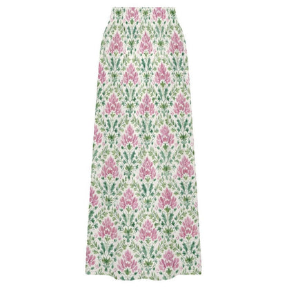 Pink Block Print Maxi Skirt, Mughal Floral Boho Garden Wedding Guest Style