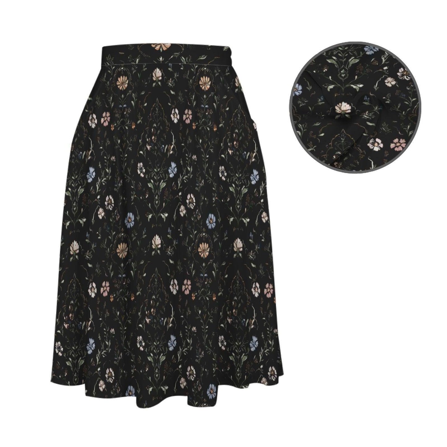 Dark Folk Floral Midi Skirt, Black A-Line with Pockets, Cottagecore Fall Style