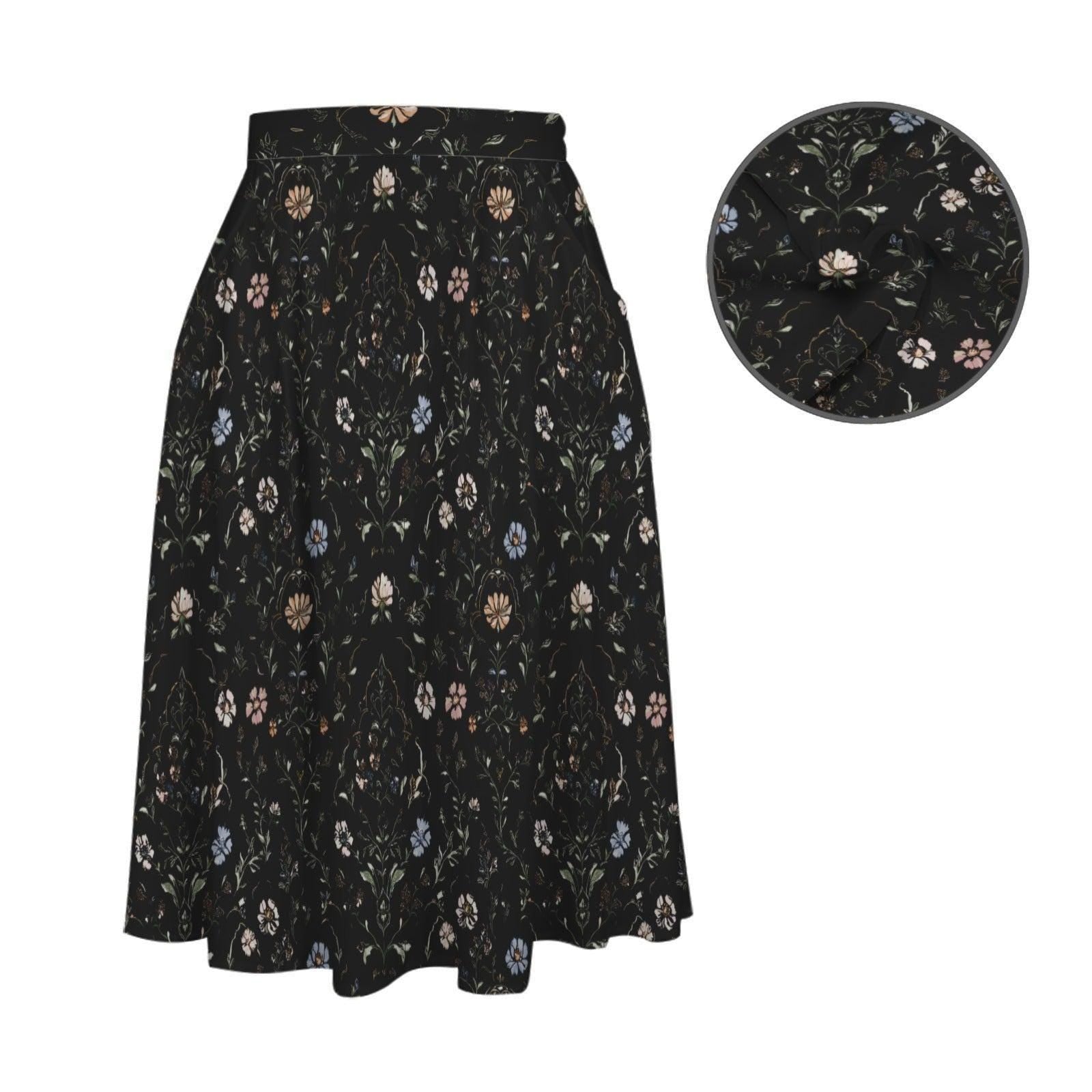 Dark Folk Floral Midi Skirt, Black A-Line with Pockets, Cottagecore Fall Style