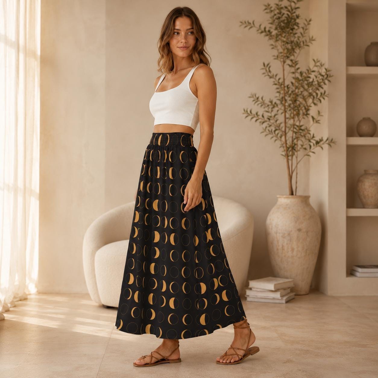 Celestial Moon Maxi Skirt, Black Gold Lunar Phase, Astrology Witchy High Waist Printed Skirt