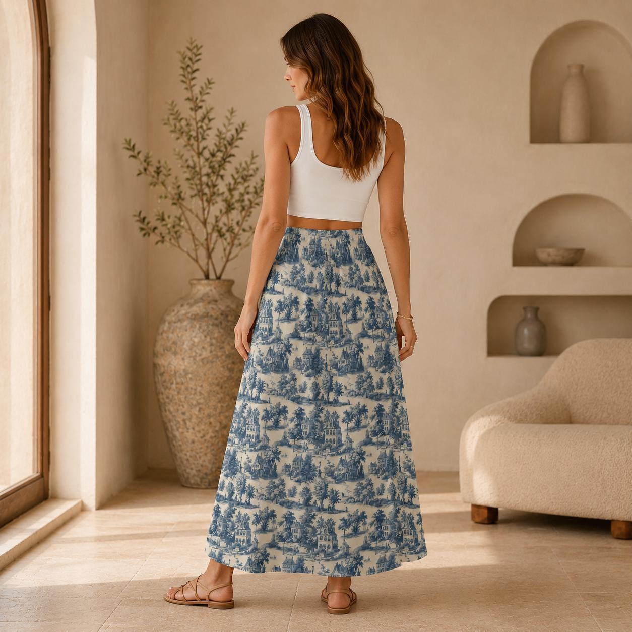 Blue Toile Maxi Skirt, French Country Scenic Print, Vintage Cottagecore High Waist Summer Styling