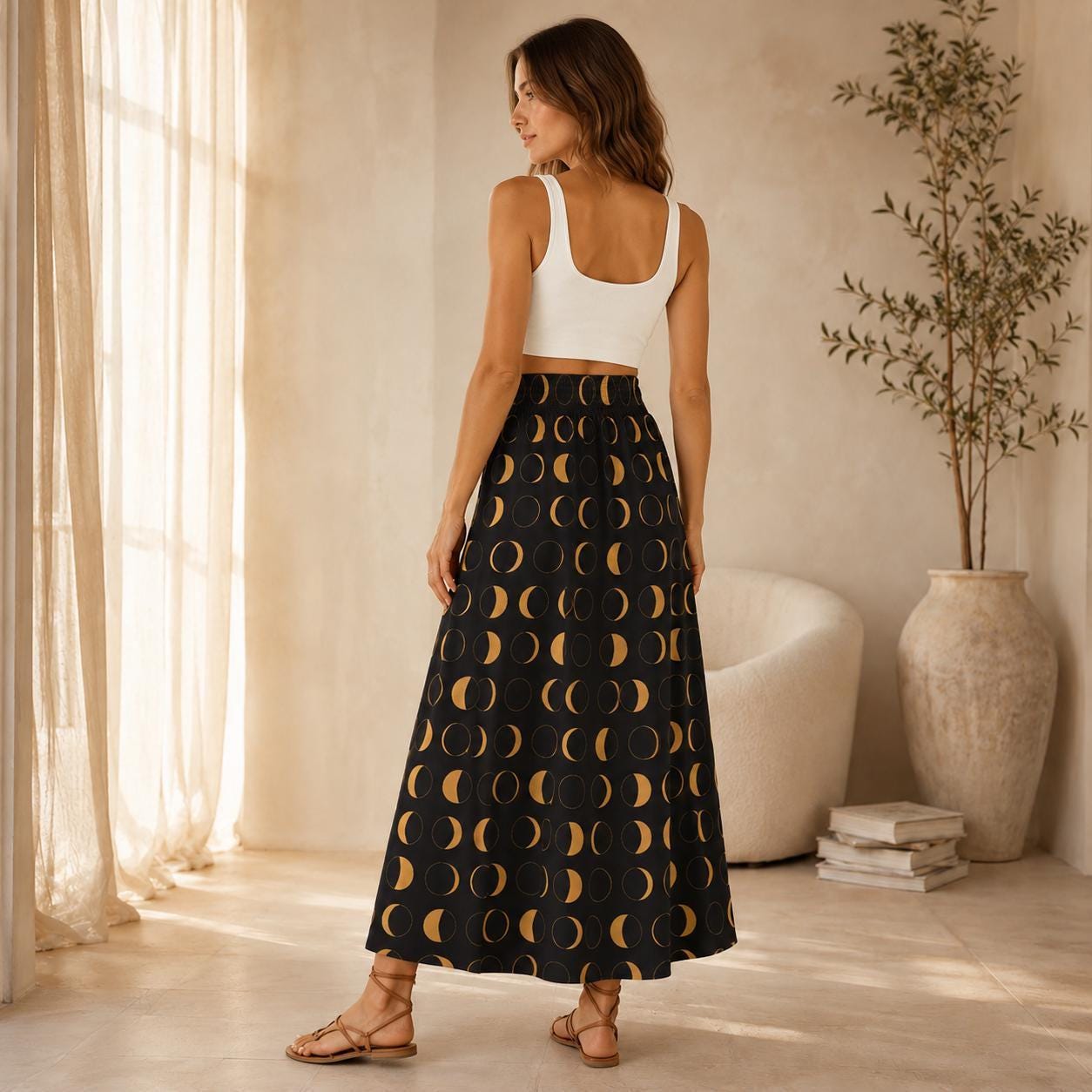 Celestial Moon Maxi Skirt, Black Gold Lunar Phase, Astrology Witchy High Waist Printed Skirt