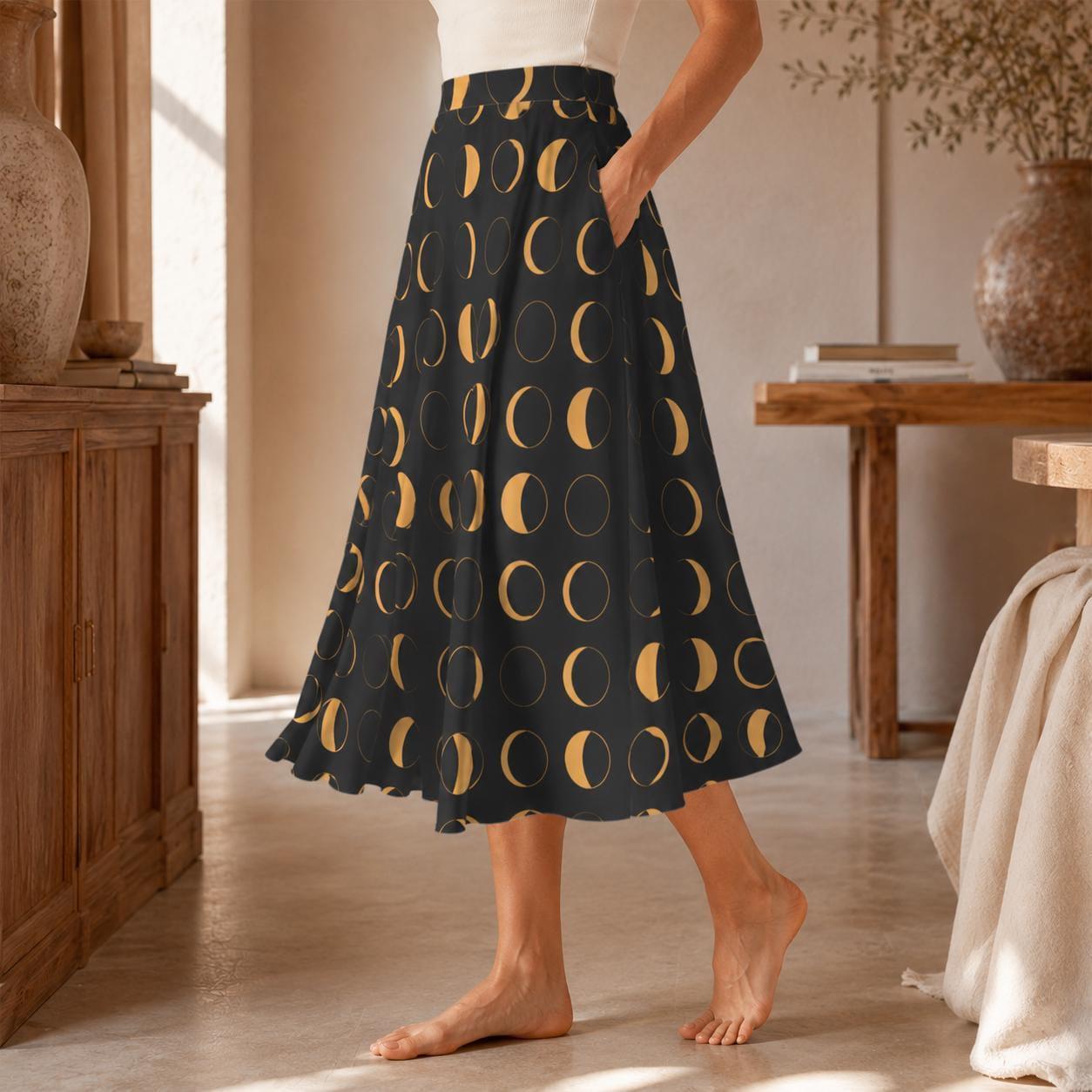 Witchy Midi Skirt, Mustard Moon Phase Print, High Waist, Pockets, Whimsigoth Fall Outfit