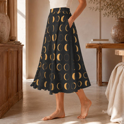 Witchy Midi Skirt, Mustard Moon Phase Print, High Waist, Pockets, Whimsigoth Fall Outfit