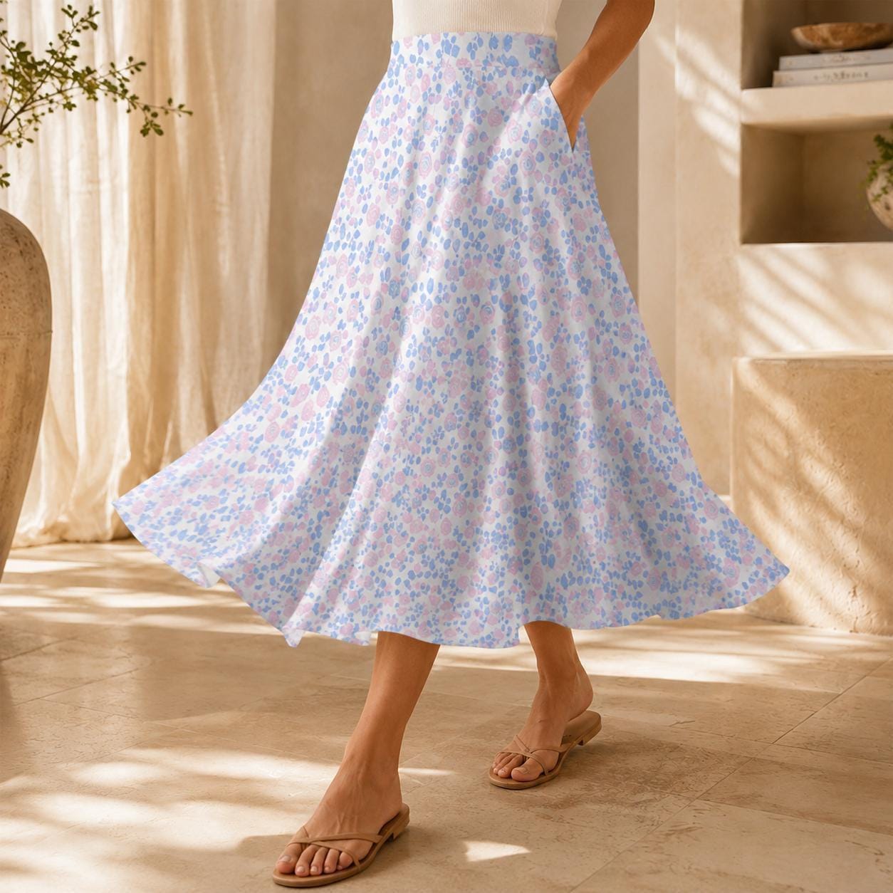 Pastel Floral Midi Skirt, High Waist A-Line, Pockets, Cottagecore Summer Brunch