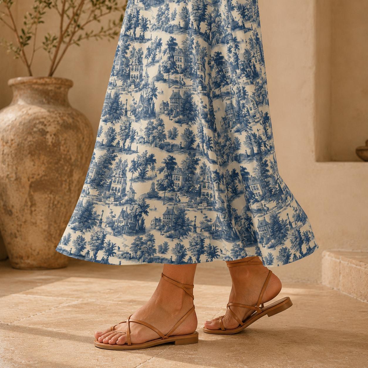 Blue Toile Maxi Skirt, French Country Scenic Print, Vintage Cottagecore High Waist Summer Styling