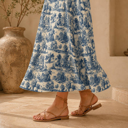 Blue Toile Maxi Skirt, French Country Scenic Print, Vintage Cottagecore High Waist Summer Styling