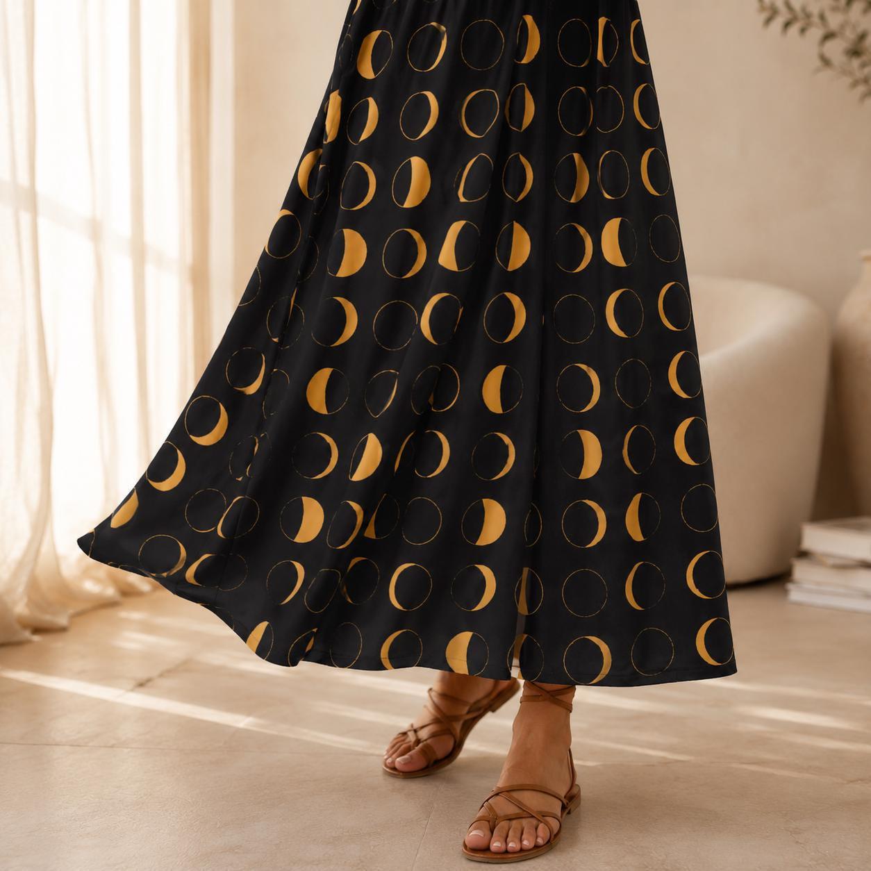 Celestial Moon Maxi Skirt, Black Gold Lunar Phase, Astrology Witchy High Waist Printed Skirt