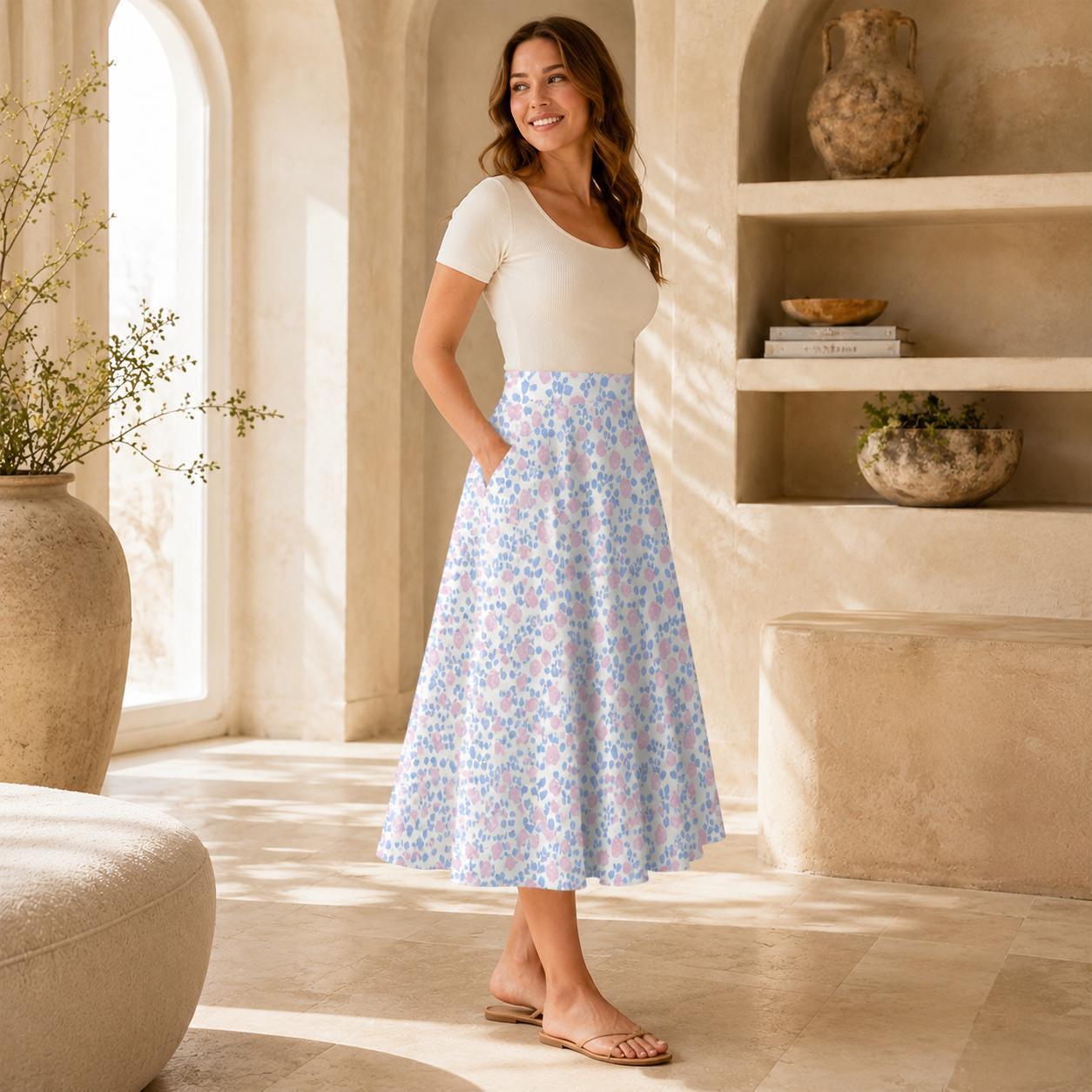 Pastel Floral Midi Skirt, High Waist A-Line, Pockets, Cottagecore Summer Brunch