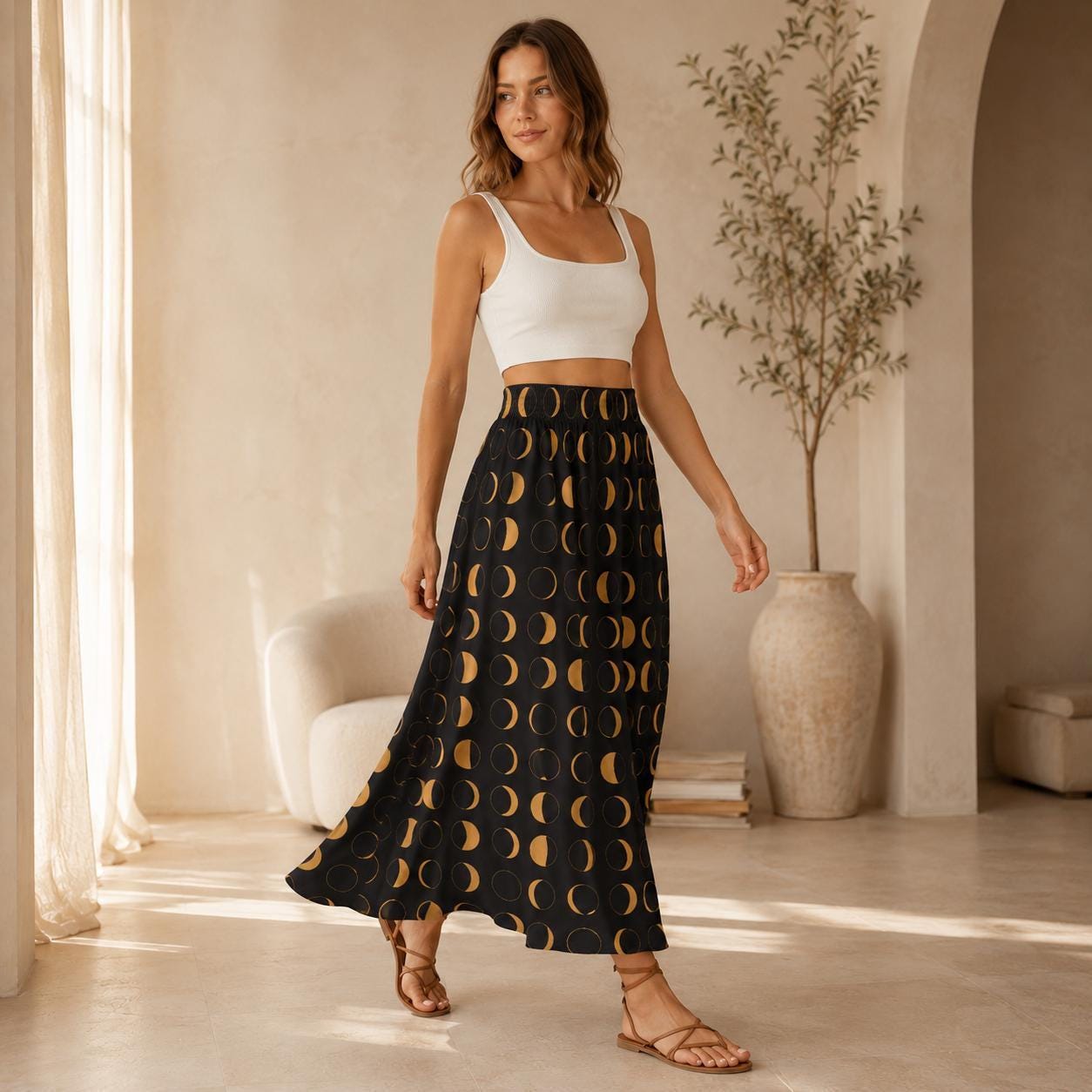 Celestial Moon Maxi Skirt, Black Gold Lunar Phase, Astrology Witchy High Waist Printed Skirt