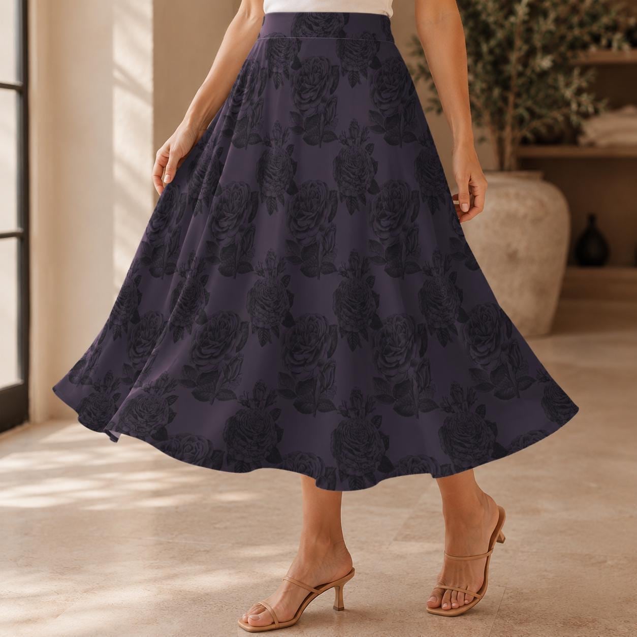 Purple Rose Midi Skirt, High Waist A Line, Dark Floral Print, Pockets, Romantic Gothic Style