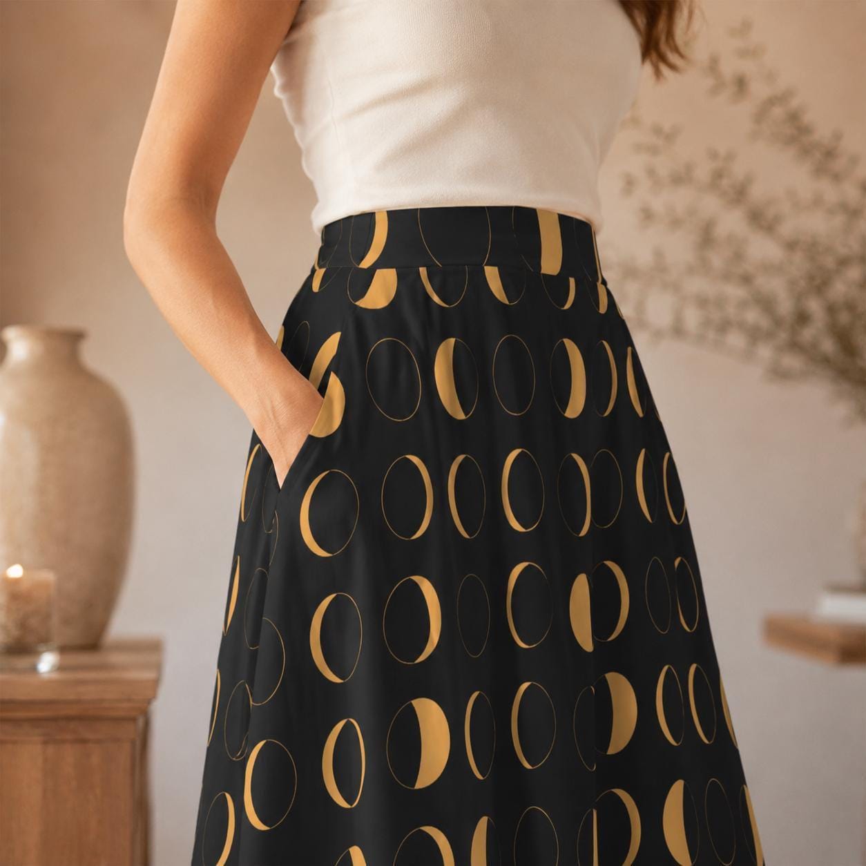 Witchy Midi Skirt, Mustard Moon Phase Print, High Waist, Pockets, Whimsigoth Fall Outfit