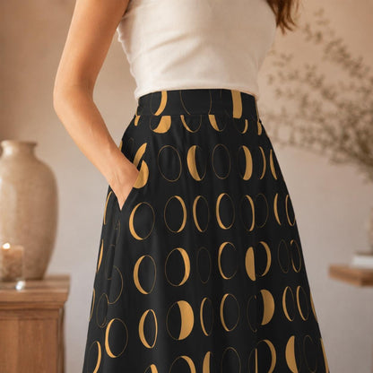 Witchy Midi Skirt, Mustard Moon Phase Print, High Waist, Pockets, Whimsigoth Fall Outfit
