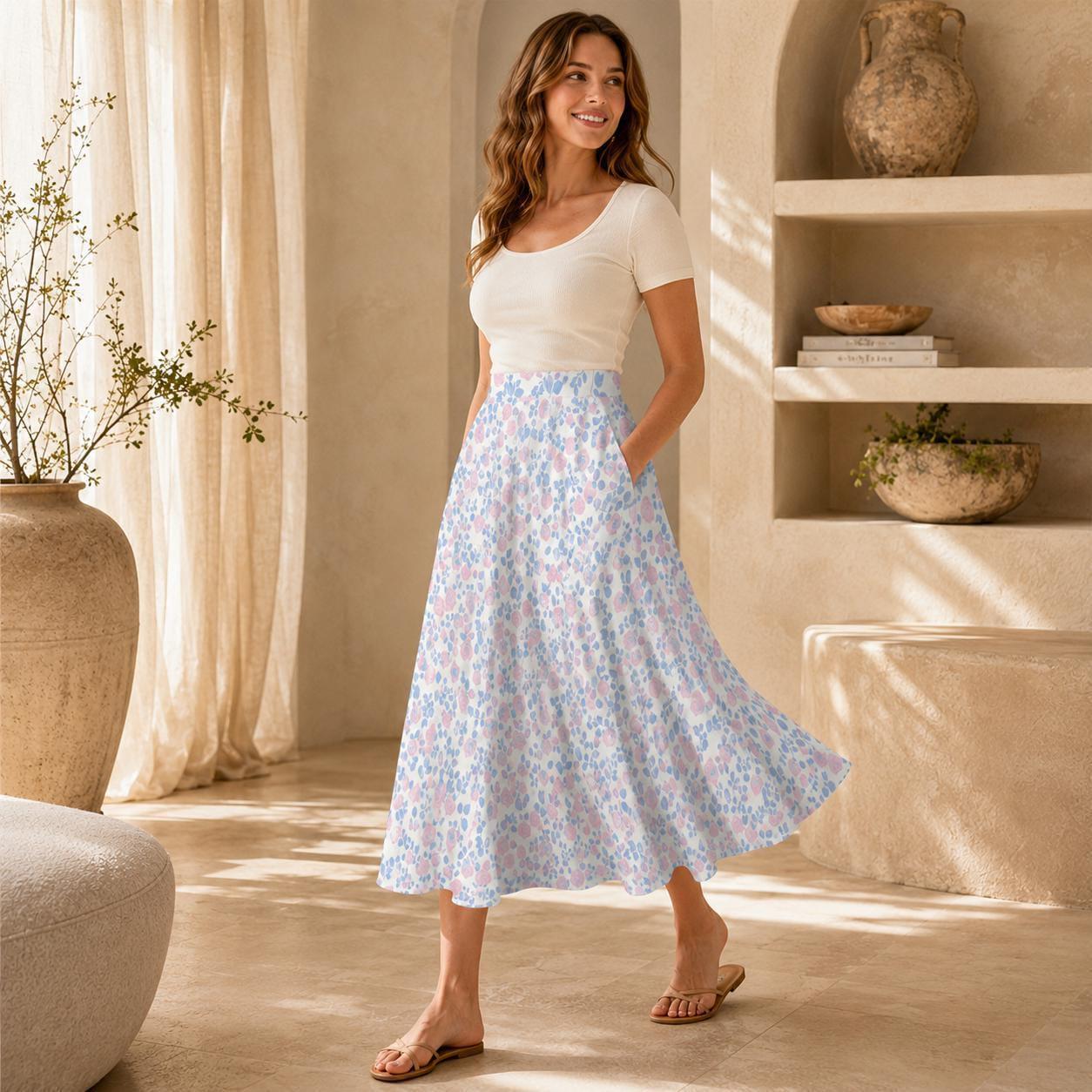Pastel Floral Midi Skirt, High Waist A-Line, Pockets, Cottagecore Summer Brunch
