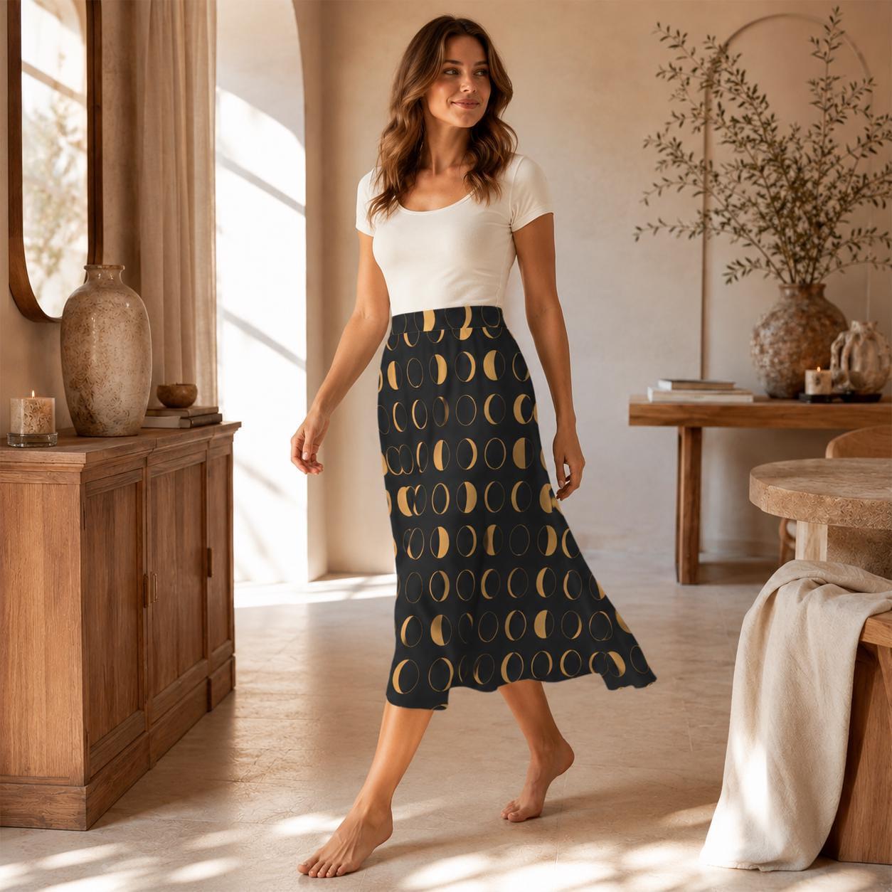 Witchy Midi Skirt, Mustard Moon Phase Print, High Waist, Pockets, Whimsigoth Fall Outfit