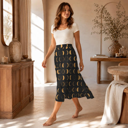 Witchy Midi Skirt, Mustard Moon Phase Print, High Waist, Pockets, Whimsigoth Fall Outfit