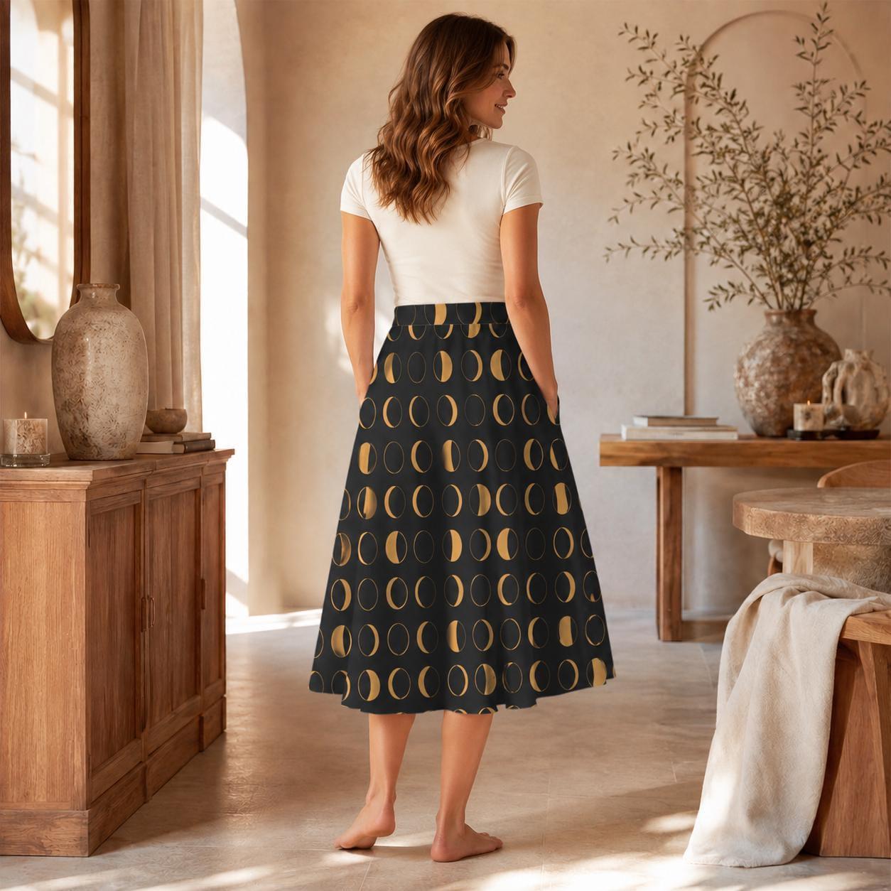 Witchy Midi Skirt, Mustard Moon Phase Print, High Waist, Pockets, Whimsigoth Fall Outfit