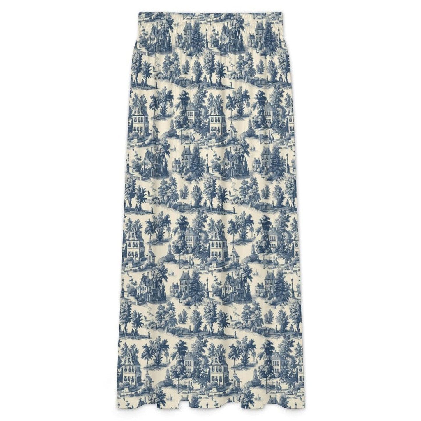 Blue Toile Maxi Skirt, French Country Scenic Print, Vintage Cottagecore High Waist Summer Styling