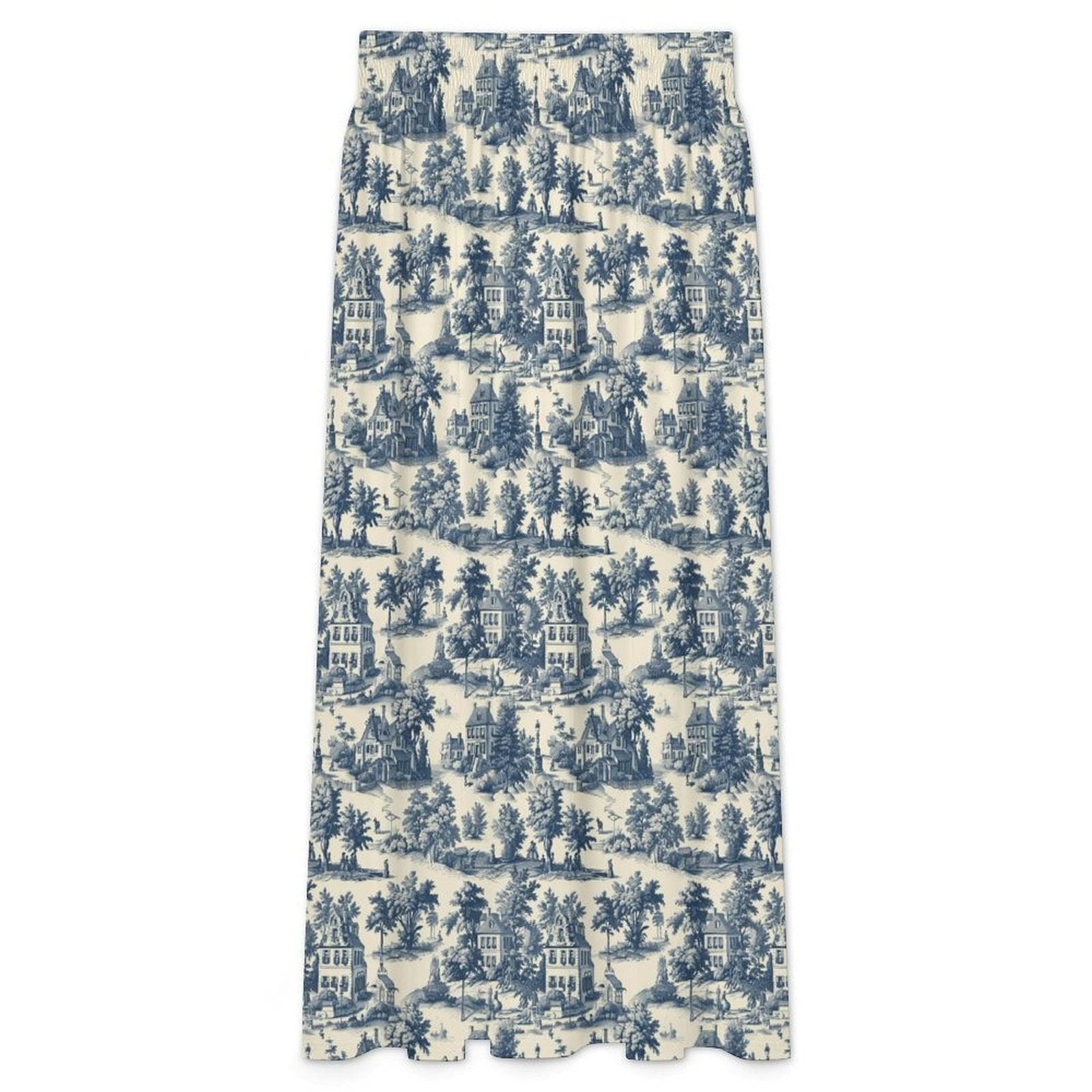 Blue Toile Maxi Skirt, French Country Scenic Print, Vintage Cottagecore High Waist Summer Styling