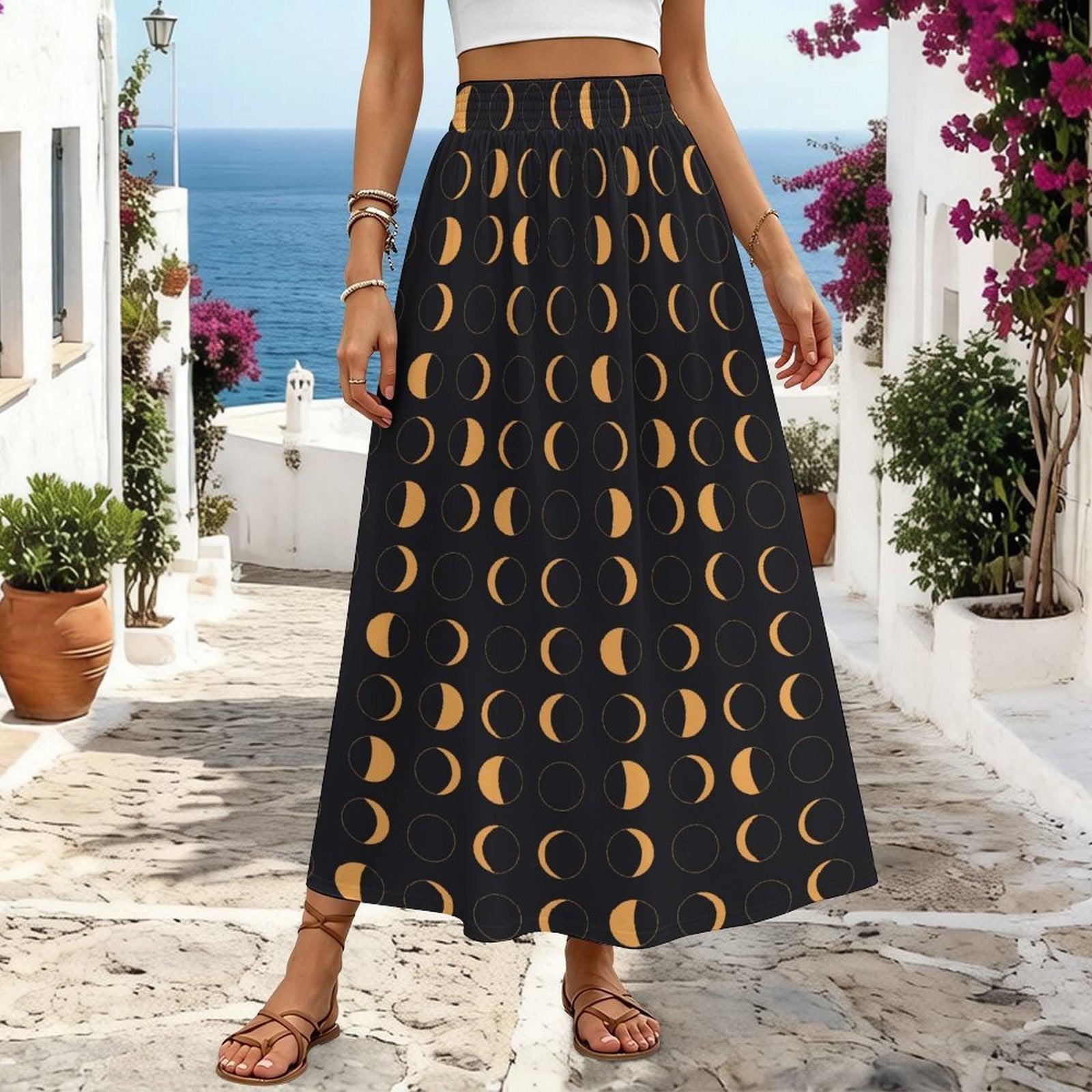 Celestial Moon Maxi Skirt, Black Gold Lunar Phase, Astrology Witchy High Waist Printed Skirt
