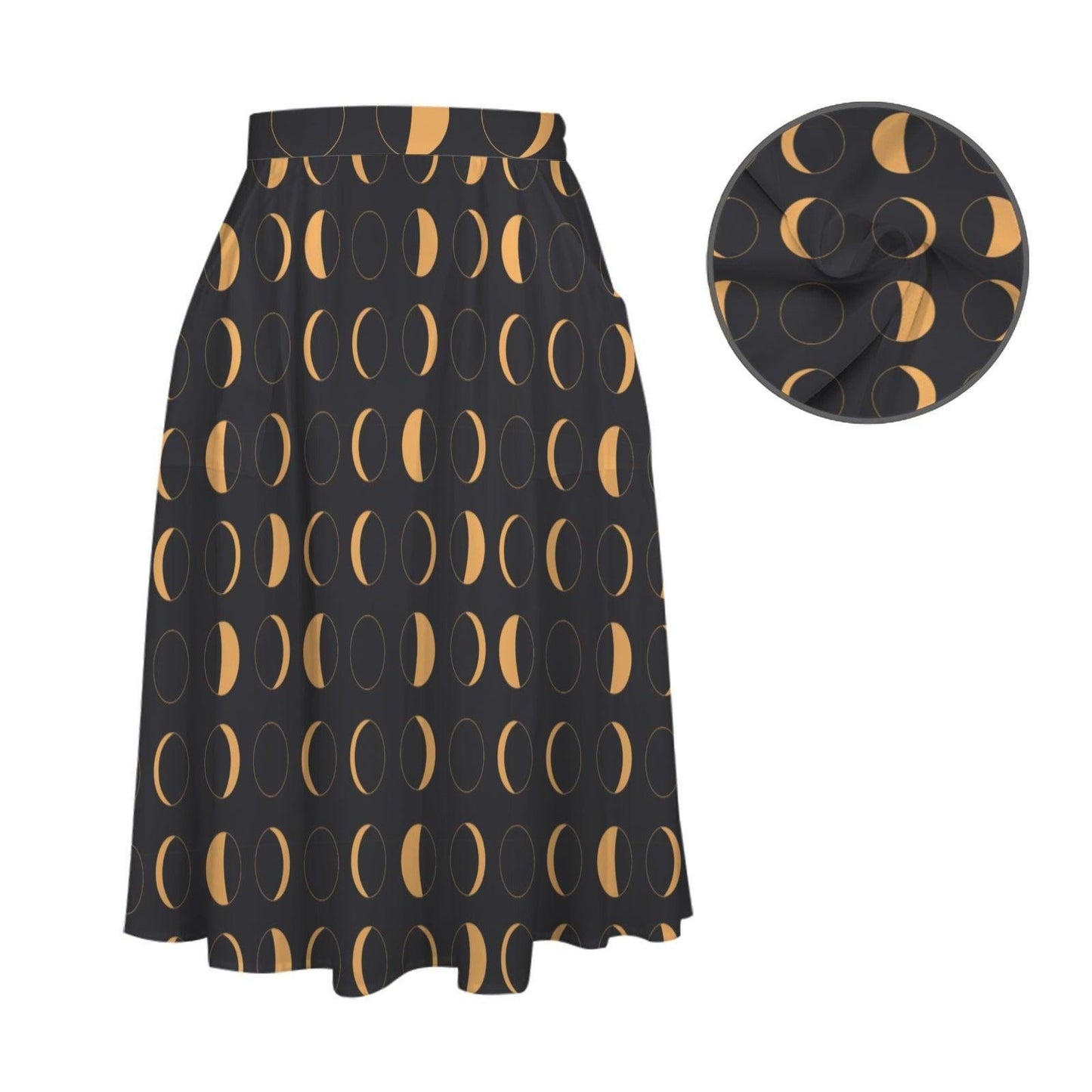Witchy Midi Skirt, Mustard Moon Phase Print, High Waist, Pockets, Whimsigoth Fall Outfit