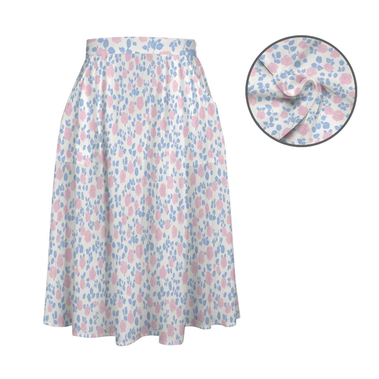 Pastel Floral Midi Skirt, High Waist A-Line, Pockets, Cottagecore Summer Brunch