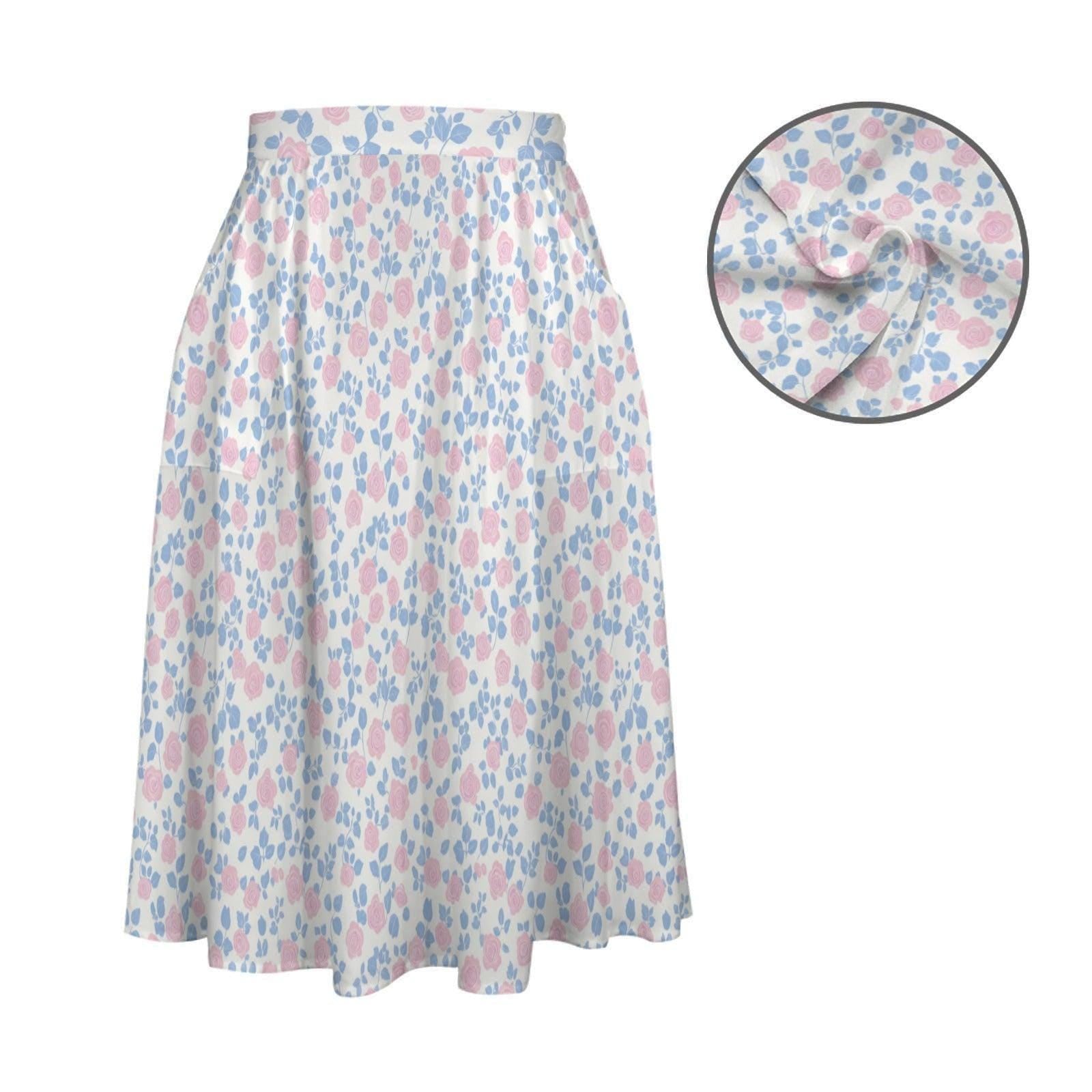 Pastel Floral Midi Skirt, High Waist A-Line, Pockets, Cottagecore Summer Brunch