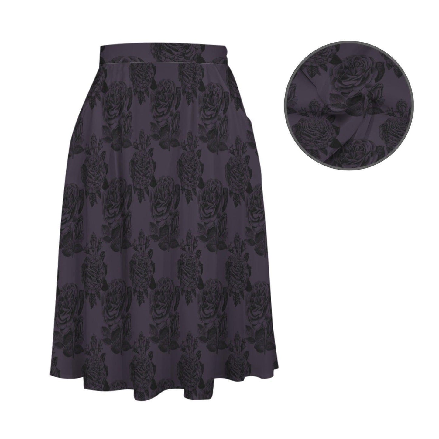 Purple Rose Midi Skirt, High Waist A Line, Dark Floral Print, Pockets, Romantic Gothic Style