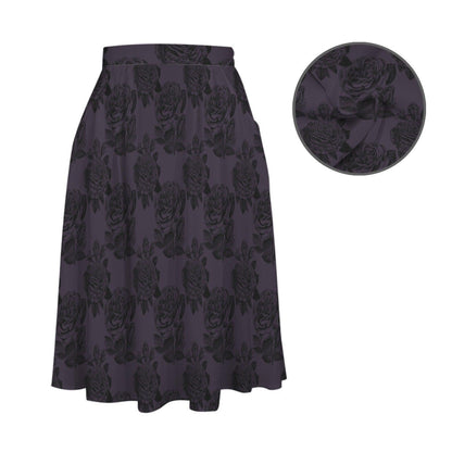 Purple Rose Midi Skirt, High Waist A Line, Dark Floral Print, Pockets, Romantic Gothic Style