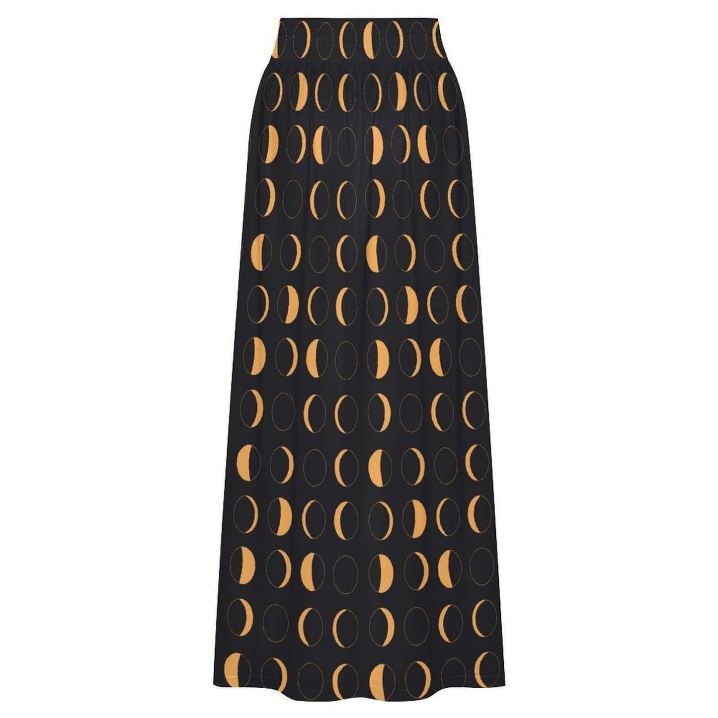 Celestial Moon Maxi Skirt, Black Gold Lunar Phase, Astrology Witchy High Waist Printed Skirt