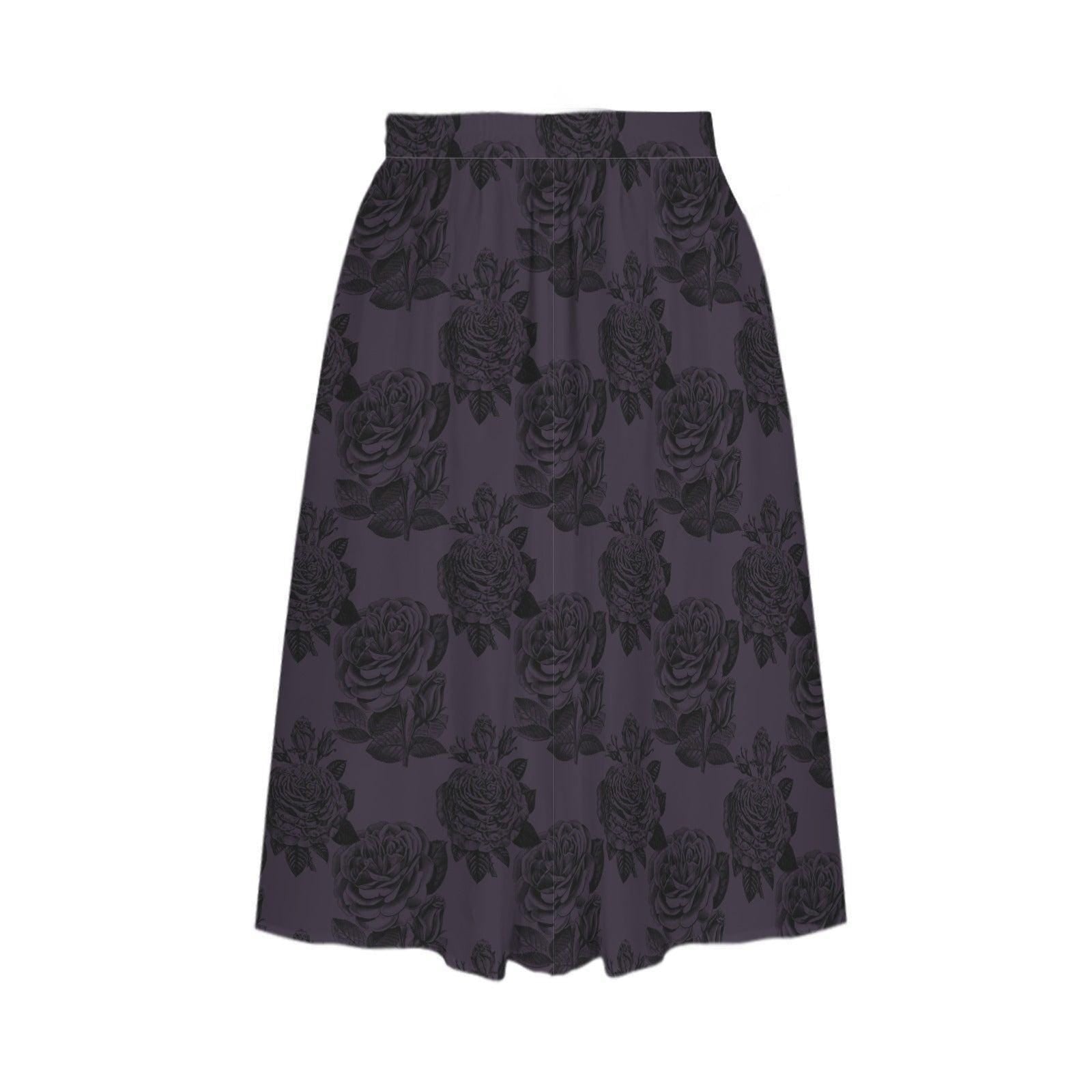 Purple Rose Midi Skirt, High Waist A Line, Dark Floral Print, Pockets, Romantic Gothic Style
