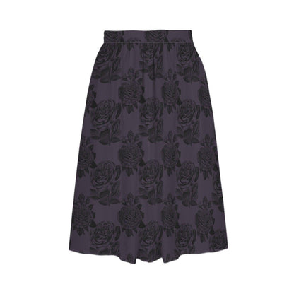 Purple Rose Midi Skirt, High Waist A Line, Dark Floral Print, Pockets, Romantic Gothic Style