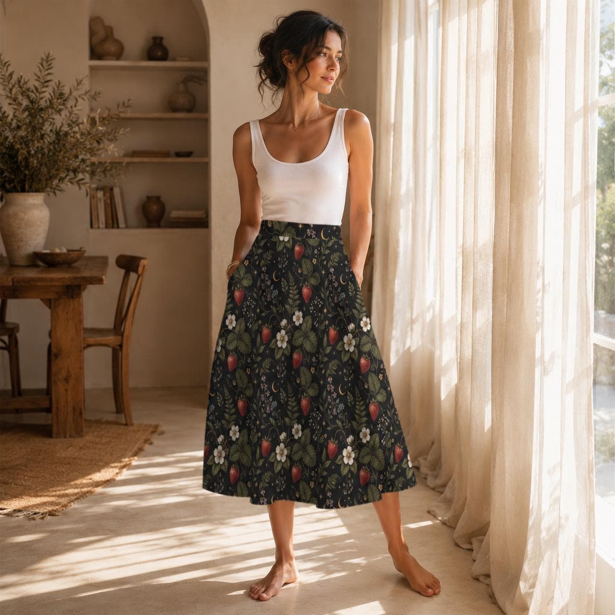 Vintage Style Strawberry Floral Midi Skirt, High Waist Garden Print Summer Dress