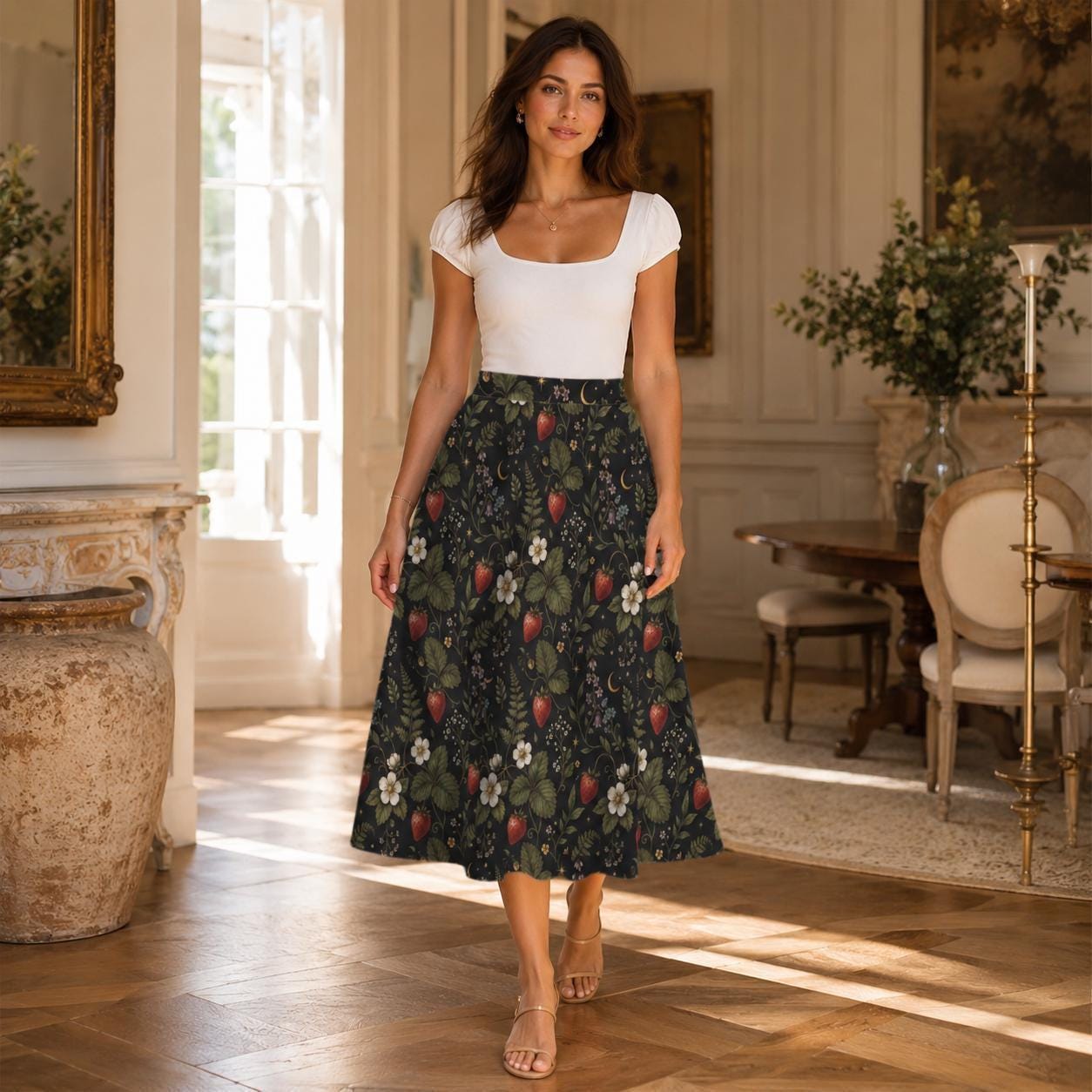 Vintage Style Strawberry Floral Midi Skirt, High Waist Garden Print Summer Dress