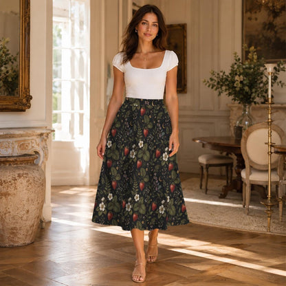 Vintage Style Strawberry Floral Midi Skirt, High Waist Garden Print Summer Dress