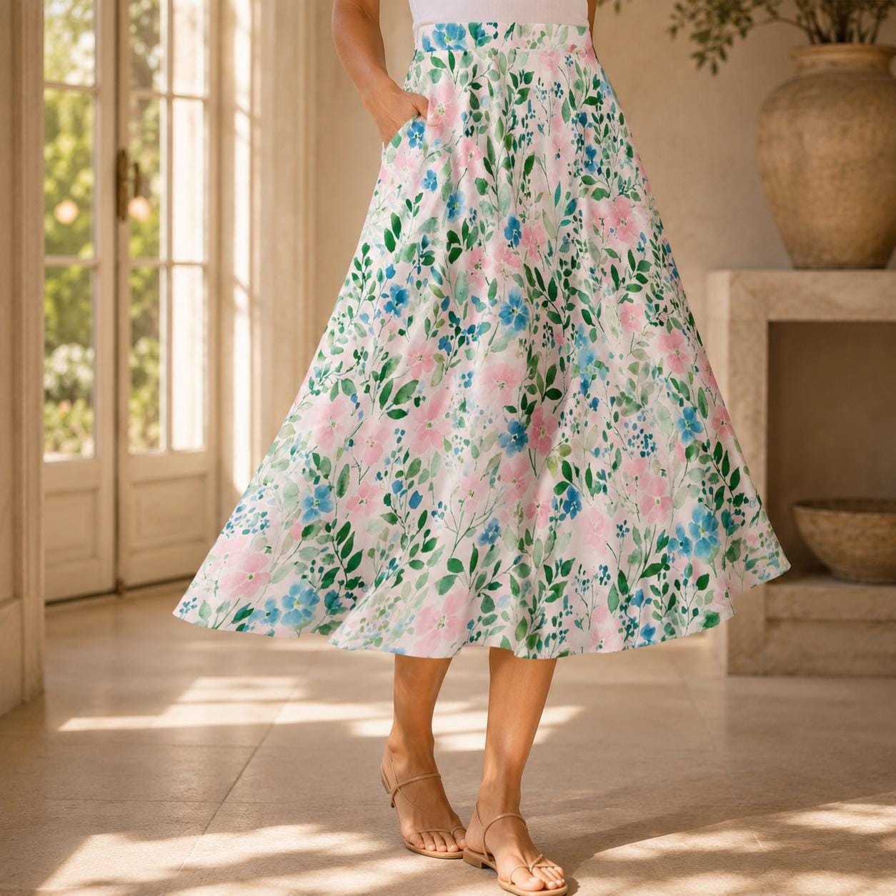 Pink Watercolor Floral Midi Skirt, High Waist Flowy Garden Print, Cottagecore Spring Brunch Style