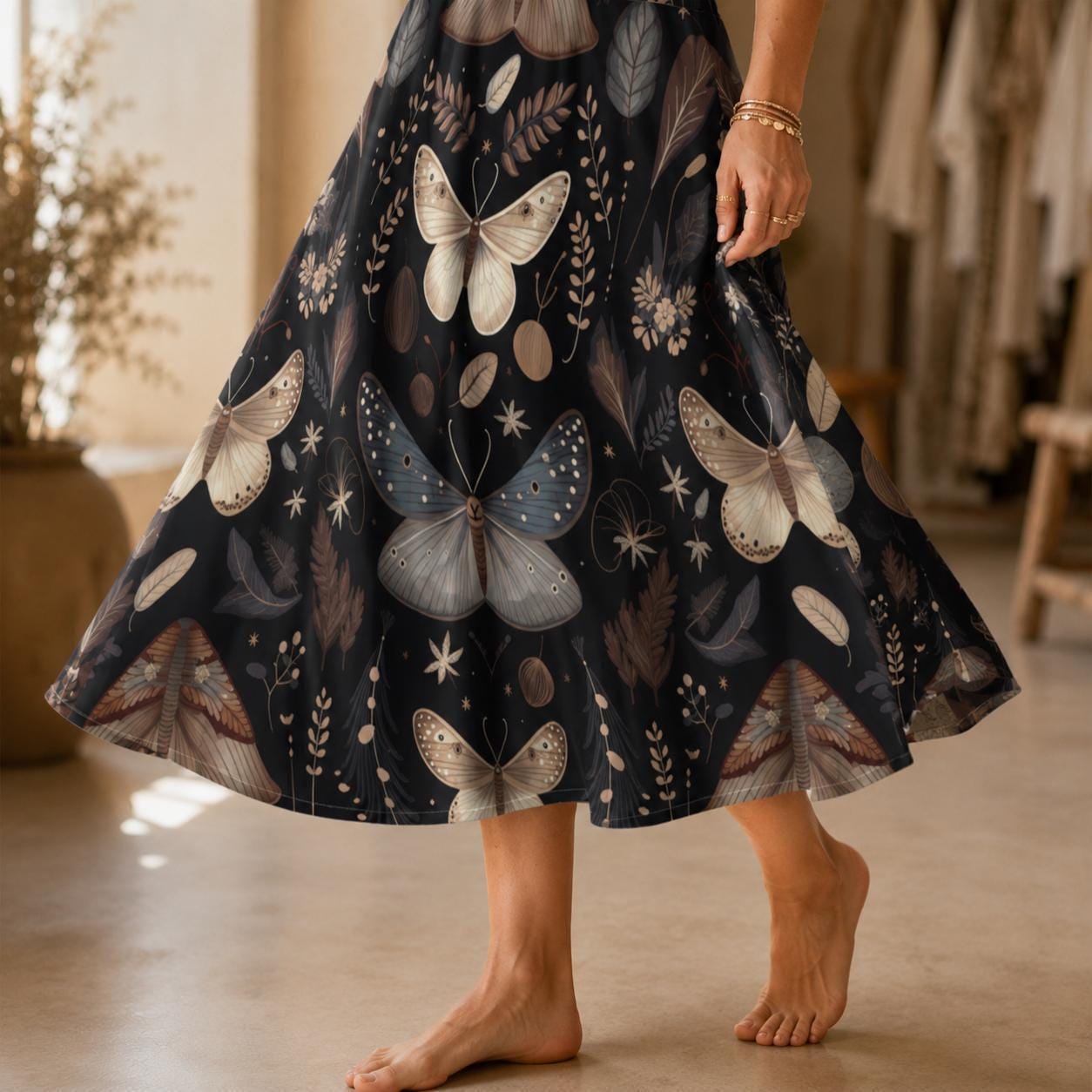 Dark Botanical Moth Print Midi Skirt, Whimsigoth Butterfly A Line Skirt With Pockets