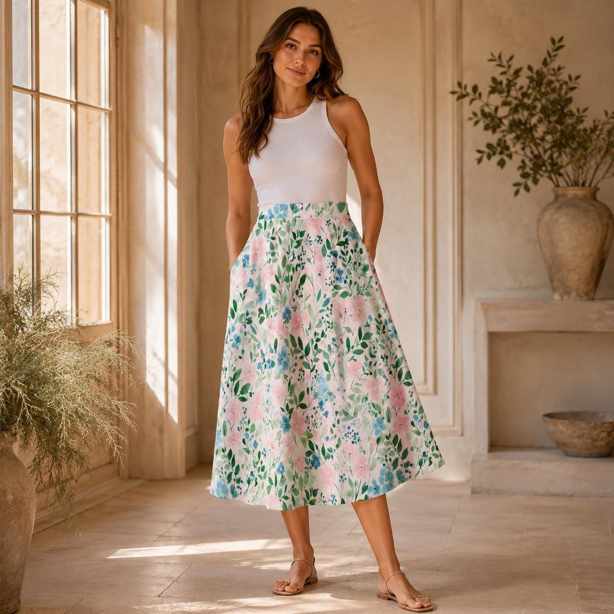 Pink Watercolor Floral Midi Skirt, High Waist Flowy Garden Print, Cottagecore Spring Brunch Style