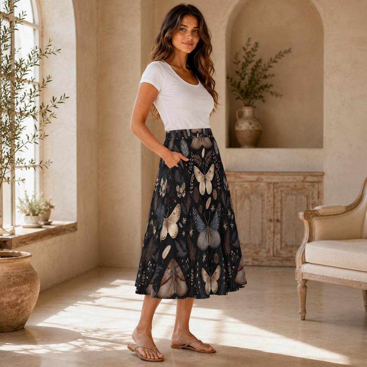 Dark Botanical Moth Print Midi Skirt, Whimsigoth Butterfly A Line Skirt With Pockets