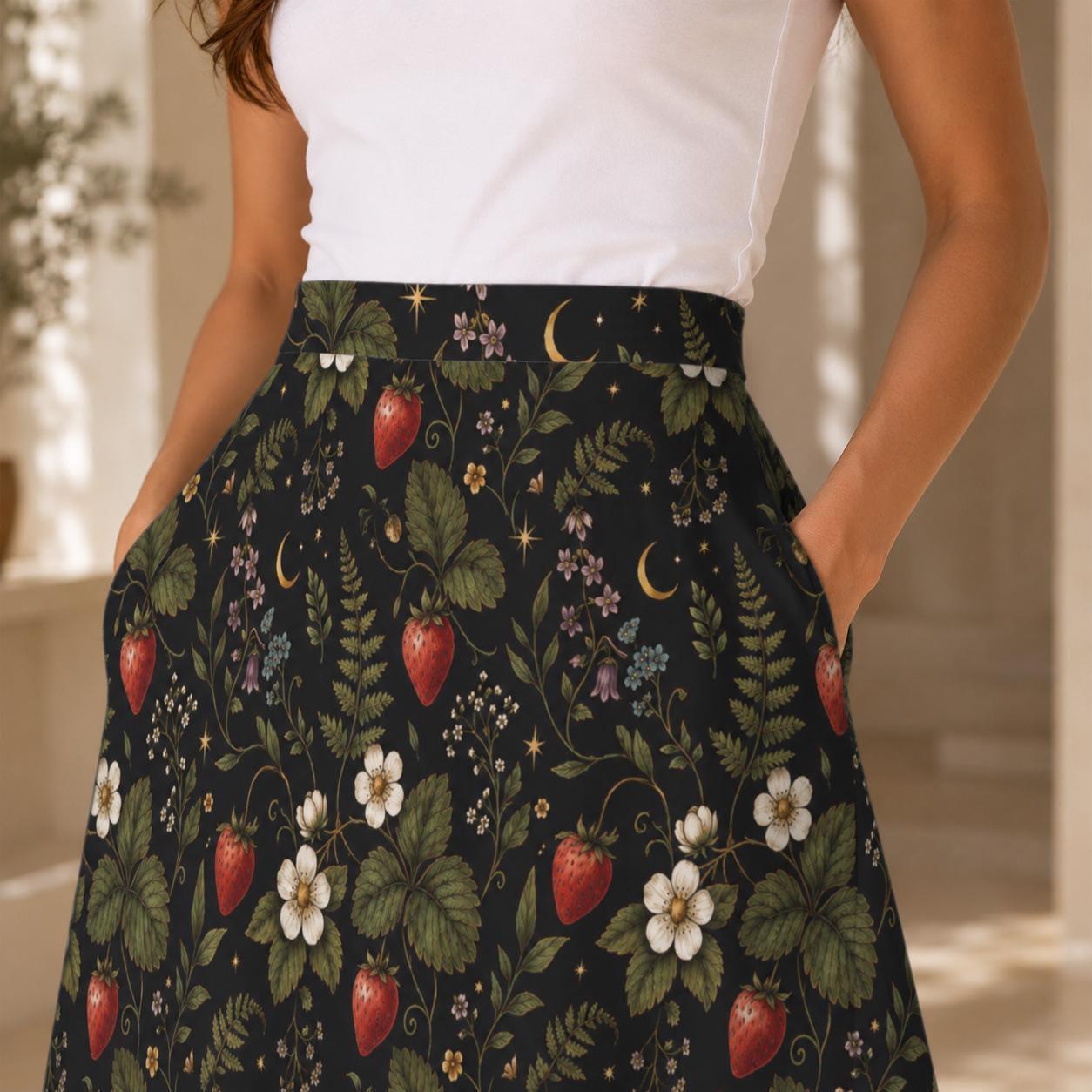 Vintage Style Strawberry Floral Midi Skirt, High Waist Garden Print Summer Dress
