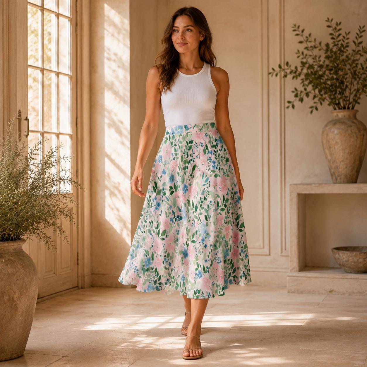 Pink Watercolor Floral Midi Skirt, High Waist Flowy Garden Print, Cottagecore Spring Brunch Style