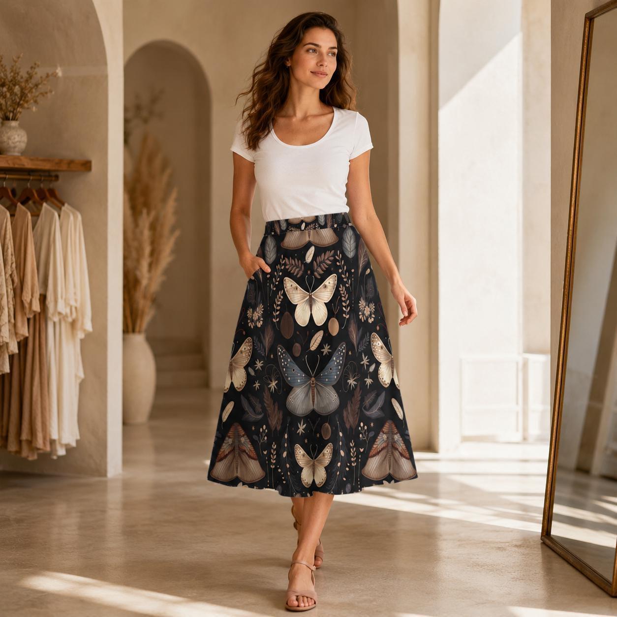 Dark Botanical Moth Print Midi Skirt, Whimsigoth Butterfly A Line Skirt With Pockets