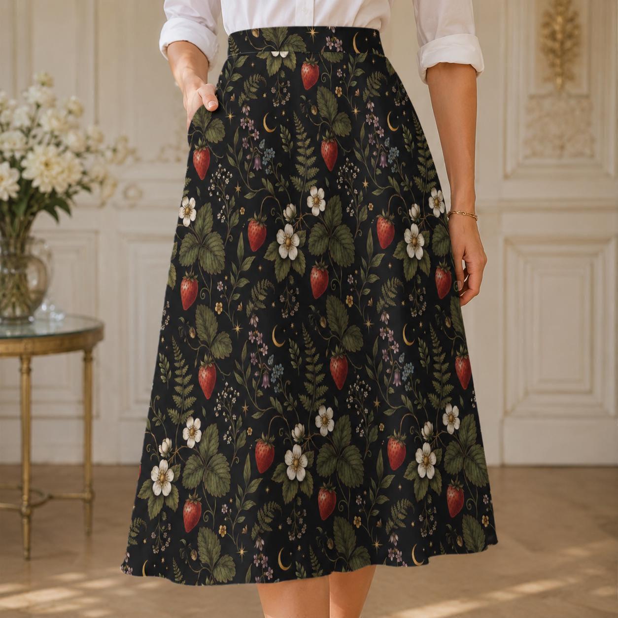 Vintage Style Strawberry Floral Midi Skirt, High Waist Garden Print Summer Dress