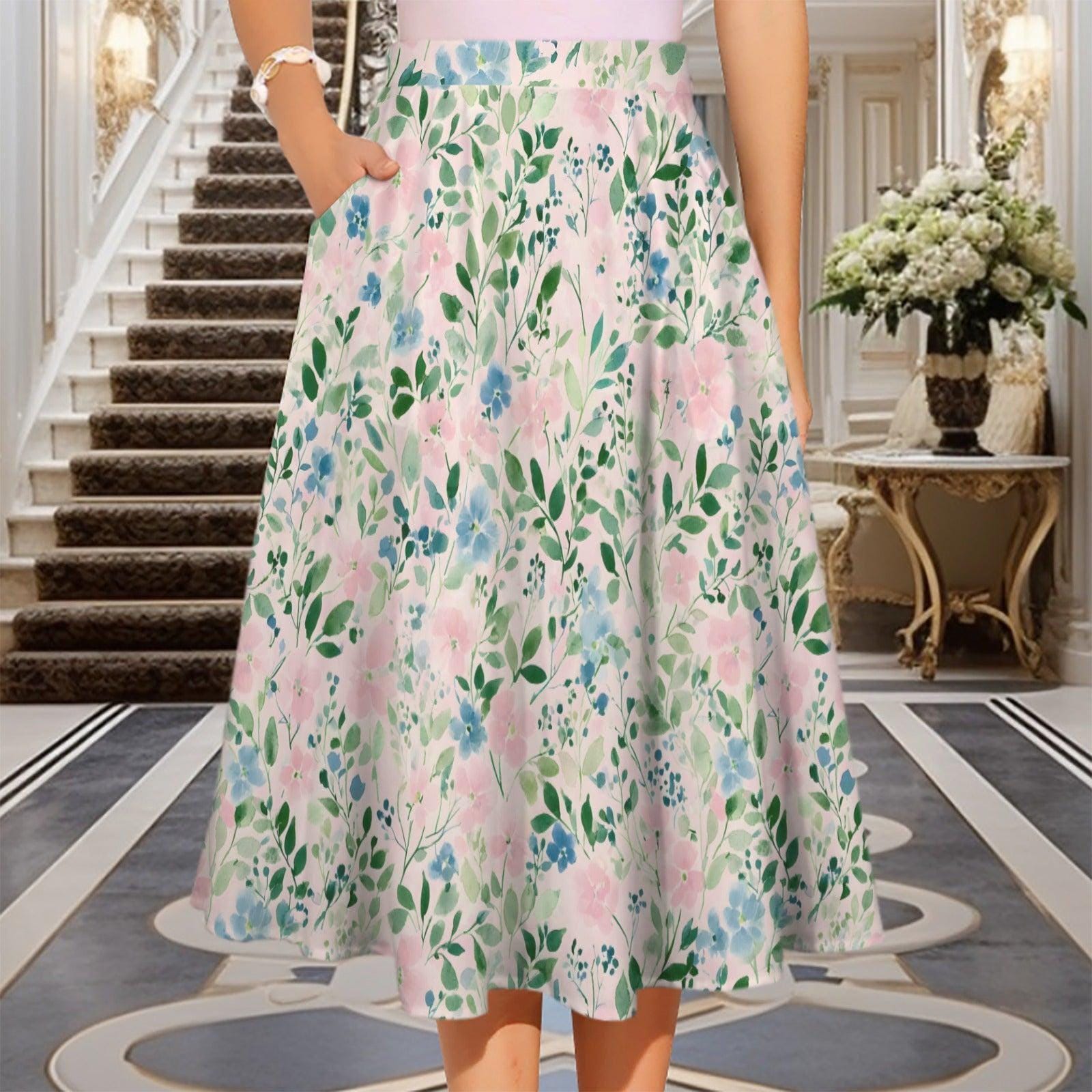 Pink Watercolor Floral Midi Skirt, High Waist Flowy Garden Print, Cottagecore Spring Brunch Style