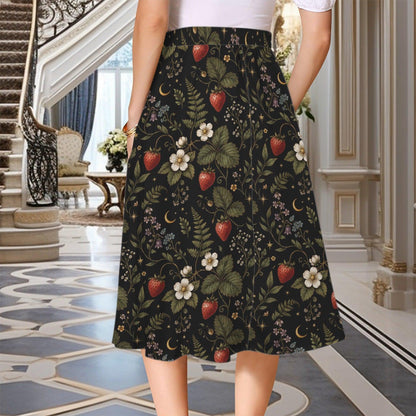 Vintage Style Strawberry Floral Midi Skirt, High Waist Garden Print Summer Dress