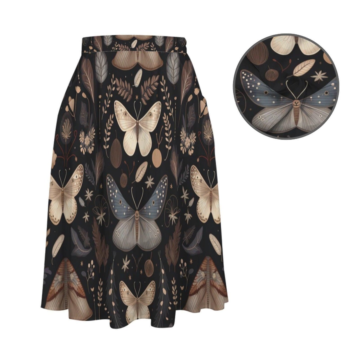 Dark Botanical Moth Print Midi Skirt, Whimsigoth Butterfly A Line Skirt With Pockets