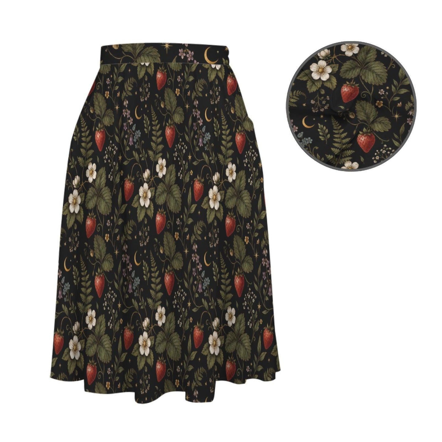 Vintage Style Strawberry Floral Midi Skirt, High Waist Garden Print Summer Dress