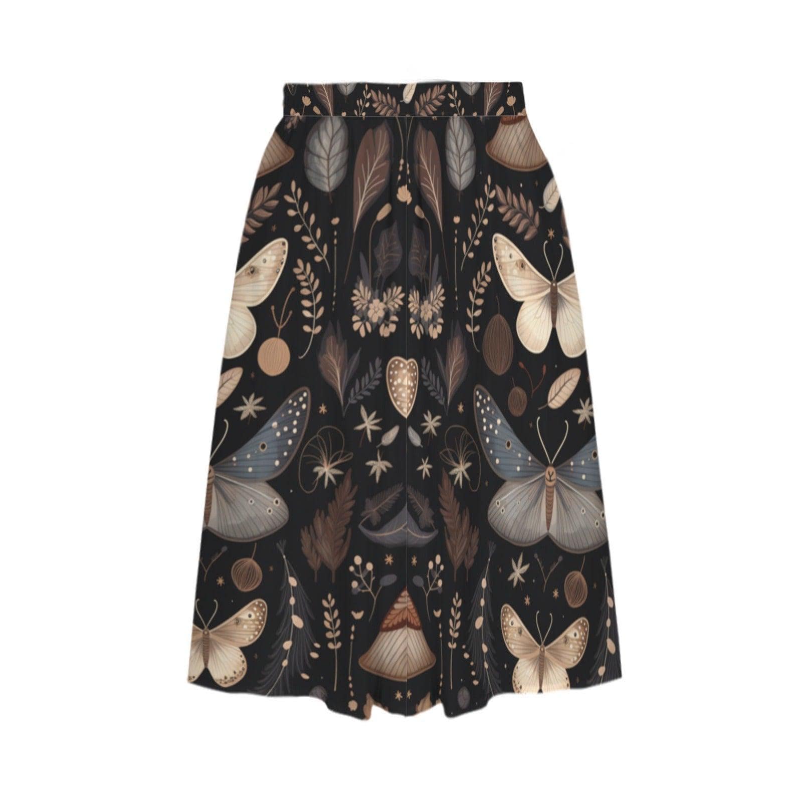 Dark Botanical Moth Print Midi Skirt, Whimsigoth Butterfly A Line Skirt With Pockets