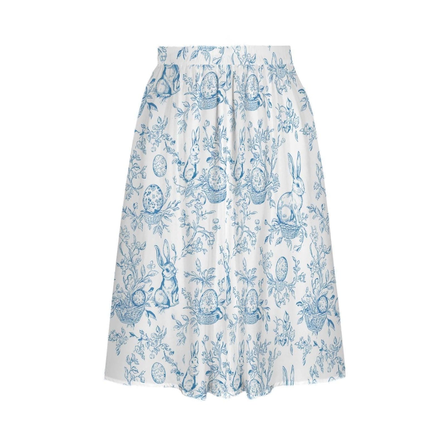 Blue Toile Easter Bunny Midi Skirt, High Waist A-Line, Pockets, Cottagecore Garden Outfits