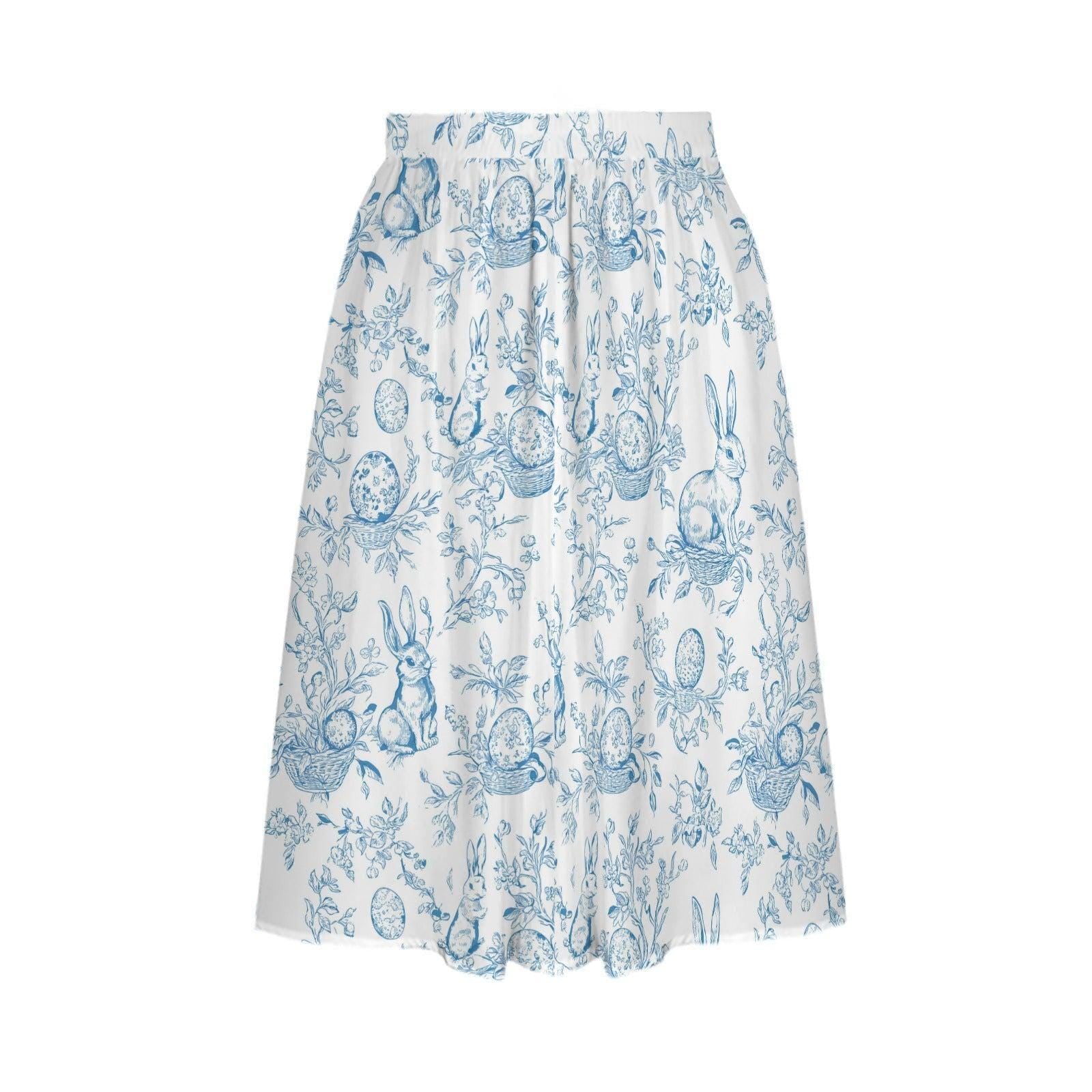 Blue Toile Easter Bunny Midi Skirt, High Waist A-Line, Pockets, Cottagecore Garden Outfits